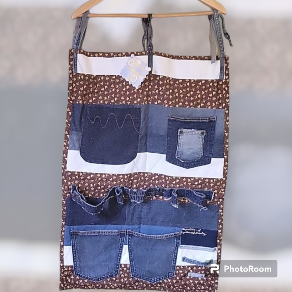 HAND CRAFTED Organizer UPCYCLED Blue Denim Pocket Brown Floral Hanging 29 X20 In
